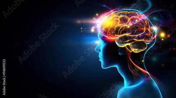 Fototapeta Neon Brain Glow, vibrant neural activity, human silhouette, dynamic thought, illuminated mind concept, digital art.