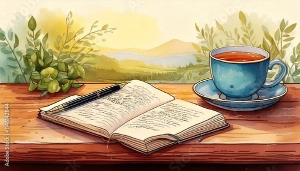 Fototapeta Morning journaling scene with a watercolor notebook, pen, and cup of tea with copy space
