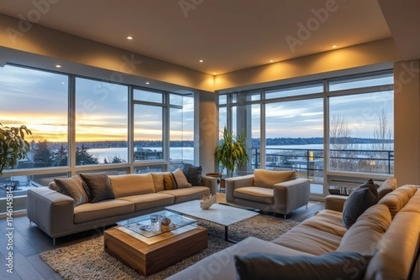 Fototapeta A luxurious living room with expansive glass windows providing breathtaking views of the waterfront, highlighted by elegant furnishings and modern design elements.