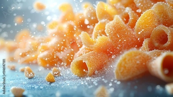 Fototapeta Hyper-detailed 8K orange zest curls scattered on a smooth blue surface