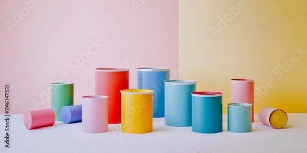 Obraz Colorful geometric shapes create a playful atmosphere. Various cylindrical forms are arranged on a white surface. A blend of pastel colors complements the background. AI