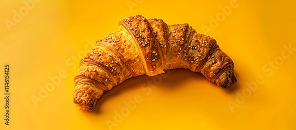 Obraz A croissant with sesame seeds on a yellow background, giving a fresh and colorful feel to the traditional pastry.