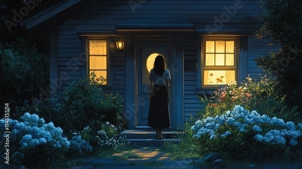 Obraz Tech Illustration of Woman Leaving Home - Simple Minimal Design with Slack and Dropbox Integration, Echoing Behance's Stylish Elegance
