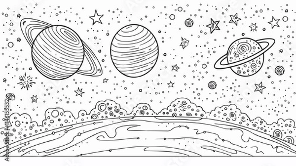 Obraz Outlined Outer Space Elements Coloring Book for Kids in Flat Vector Style