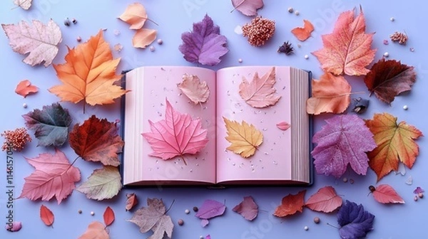 Fototapeta Autumn leaves on open book with pastel background for seasonal inspiration