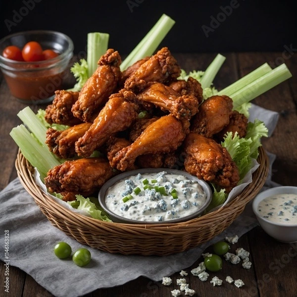 Obraz A basket of spicy buffalo wings with celery sticks and blue cheese dressing.


