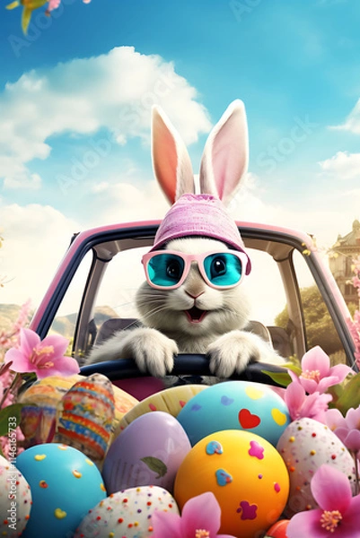 Obraz Cute Easter Bunny wearing sunglasses, looking out of a car window, perfect for fun holiday themes and playful concepts.
