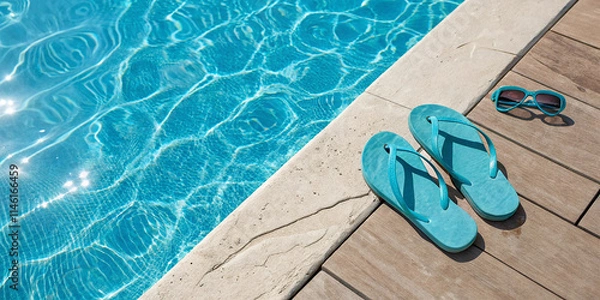 Fototapeta blue turquoise flip flops sandals by a swimming pool