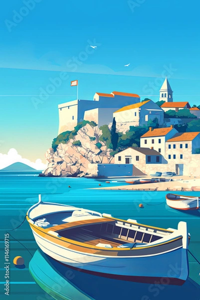 Obraz Mediterranean travel poster with boat