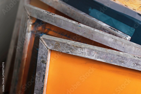 Fototapeta silk screen textile printery. silk screen mesh screen frames. manual screen printing