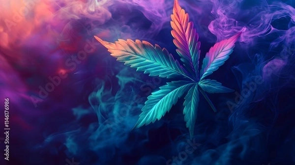 Obraz A colorful cannabis leaf in the style of blacklight paint, with smoke swirling