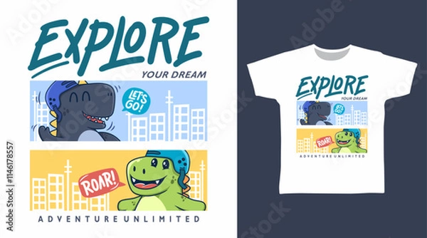 Obraz Dinosaur explorer hand drawn illustration, vector ready for print on t-shirt and other uses.