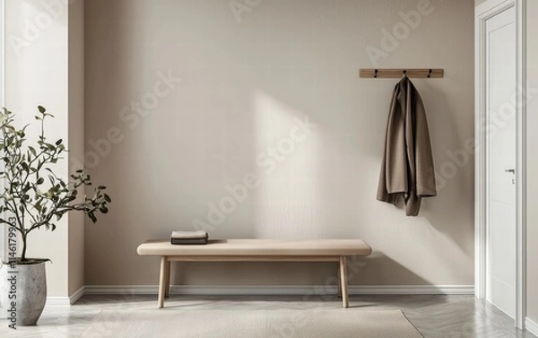 Fototapeta Minimalist entryway with a single bench, a coat rack, and neutral walls
