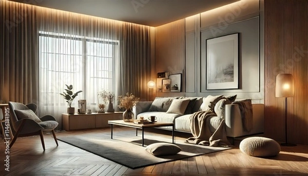 Fototapeta A warm and inviting living room featuring a stylish modern couch, a sleek coffee table, and ambient soft lighting for a cozy and elegant atmosphere