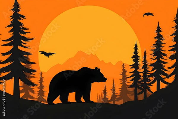 Fototapeta Orange Sunset Bear Illustration