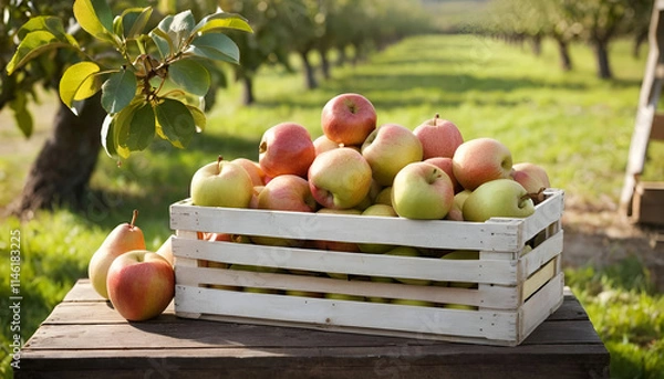 Fototapeta "Still-Life Image of Freshly Picked Apples and Pears with Leaves Intact, Elegantly Displayed in a Wooden Crate Against a Soft-Focus Orchard Background – Perfect for Farm Fresh Produce Themes"