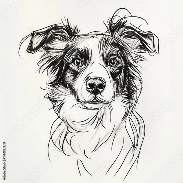Fototapeta Black and white sketch of border collie with intense expression
