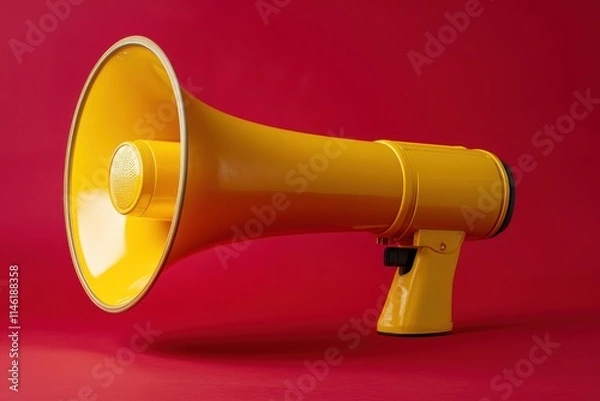 Fototapeta Bright yellow megaphone on red background. Ideal for announcing, marketing, or protest concepts.