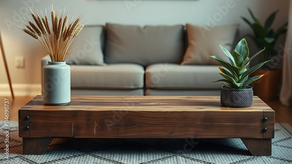 Obraz Rustic Modern Coffee Table: A low, wide, dark wood coffee table takes center stage in a minimalist living room setting.  The natural wood grain and simple design create a warm and inviting atmosphere.