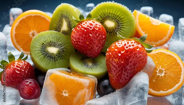Fototapeta "High-Detail Image of Frozen Fruit Cubes (Strawberries, Oranges, Kiwi, and Grapes) Suspended in Clear Ice with Visible Frost and Water Droplets – Vibrant and Refreshing Frozen Concept"