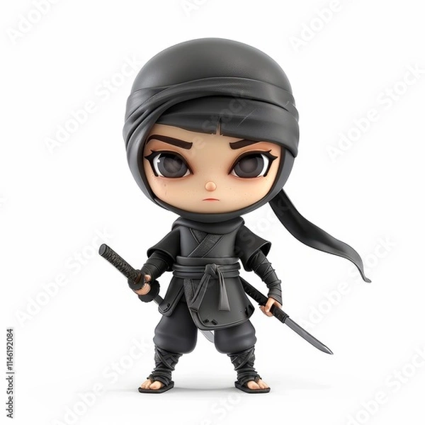 Obraz A 3D illustration of a cute chibi ninja wearing a black outfit and holding a katana sword.