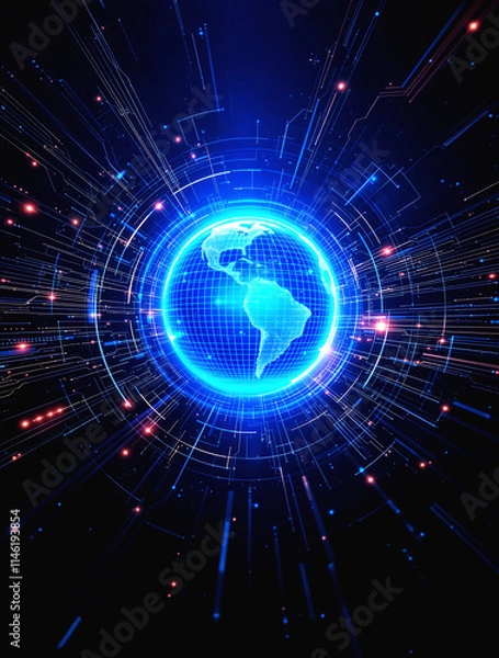 Fototapeta Advanced Digital Globe Surrounded by High-Tech Light Rays and Data Streams