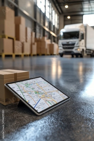 Fototapeta A tablet displaying a map in a warehouse, with a delivery truck and cardboard boxes in the background.