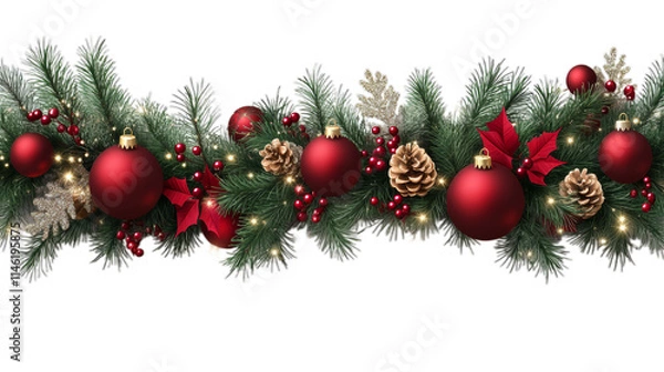 Obraz Christmas wreath, garland on transparent background. It consists of spruce branches decorated with red poinsettias, cones, holly berries, and golden decorative elements.