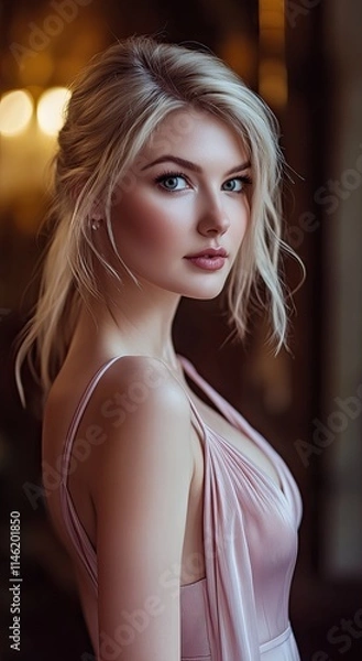 Fototapeta A beautiful woman in a pink dress, with soft lighting creating a romantic atmosphere.