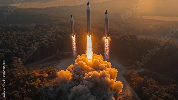 Fototapeta Military missiles launching at sunset demonstrate the power of modern warfare technology