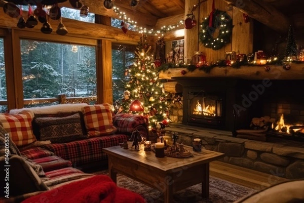 Fototapeta Cozy Christmas Living Room with Fireplace, Decorated Tree, and Winter Wonderland View through Window for Festive Holiday Atmosphere and Warmth