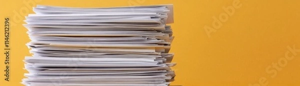 Fototapeta High Stack of Papers Documents Office Work Yellow Background