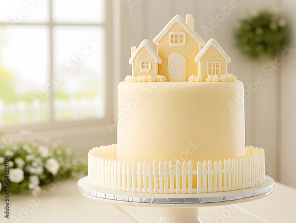 Fototapeta charming two tiered cake designed as house with white fence, perfect for celebrations