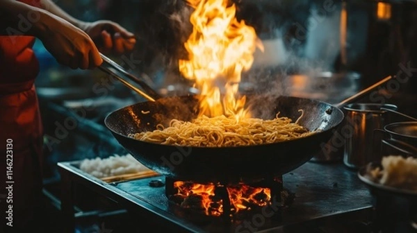 Fototapeta Chef stir-fries noodles in a wok with flames.