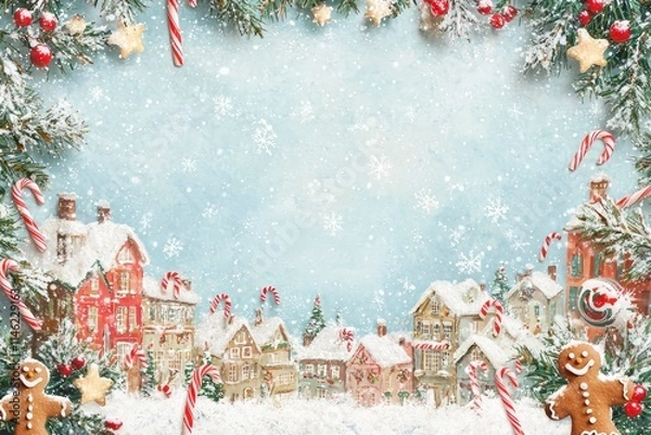 Obraz Impressionistic Christmas Frame with Snowy Background Featuring Gingerbread Men, Candy Canes, and Festive Decorations Surrounding a Charming Winter Village Scene