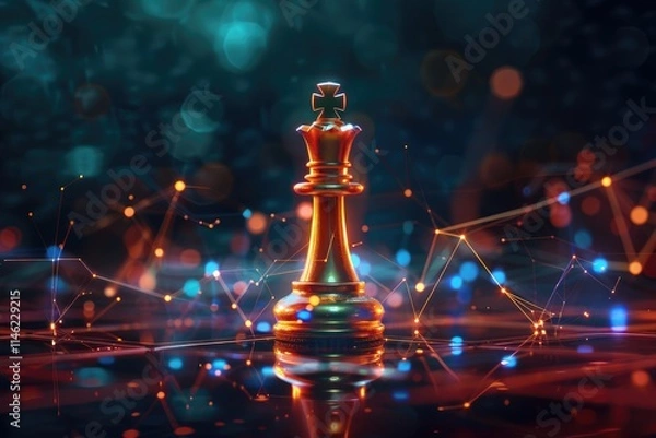 Fototapeta A golden chess king piece stands prominently against a backdrop of shimmering lights, symbolizing strategy and victory in the game of chess.
