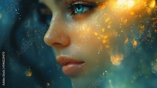 Obraz A close-up of a young woman's face with a dreamy, cosmic background.