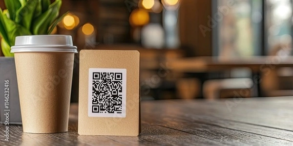 Fototapeta A coffee cup and a QR code on a table, with a plant in the background, creating a cozy cafe atmosphere.