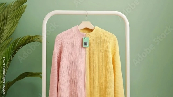 Obraz A vibrant, two-tone cardigan hangs on a rack against a pastel green background, showcasing its stylish pink and yellow colors.