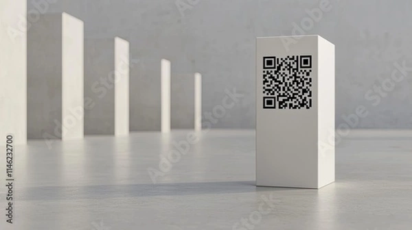 Fototapeta A modern display featuring a QR code on a pedestal, surrounded by minimalist columns, emphasizing technology and design.