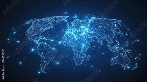 Fototapeta A digital representation of a connected world map with network lines and nodes.