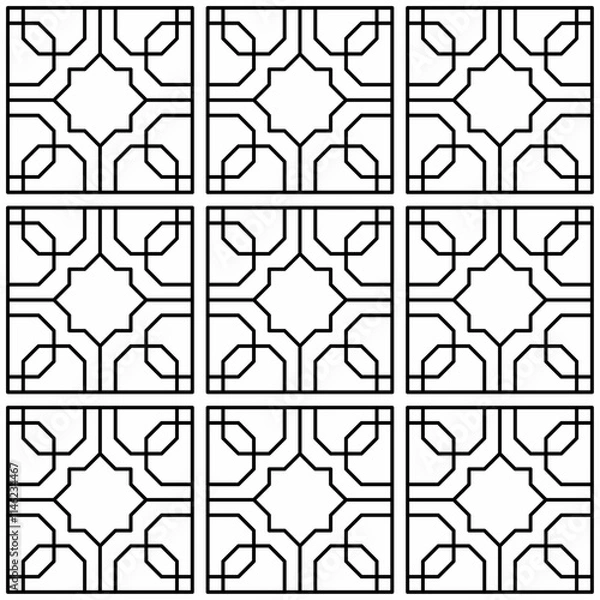 Fototapeta Islamic geometric seamless pattern featuring a symmetrical tile design in black lines on a white background. Suitable for backgrounds, wall decorations, tiles and cultural themes
