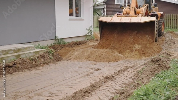 Fototapeta Heavy machinery is leveling and preparing the ground at a busy construction site for future projects