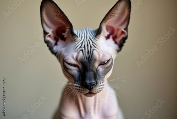 Fototapeta A calm Sphynx cat in a close-up portrait