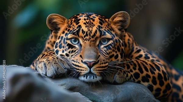 Fototapeta A leopard resting on rocky terrain, blending into its environment
