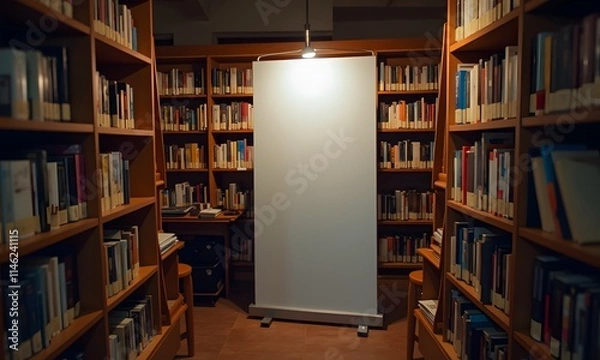 Obraz Trade Show Banner Mockup presents a blank canvas in a library, surrounded by bookshelves. The warm light creates a calm and inviting atmosphere.