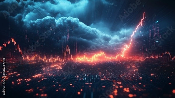 Fototapeta Stock market volatility depicted with stormy clouds and lightning
