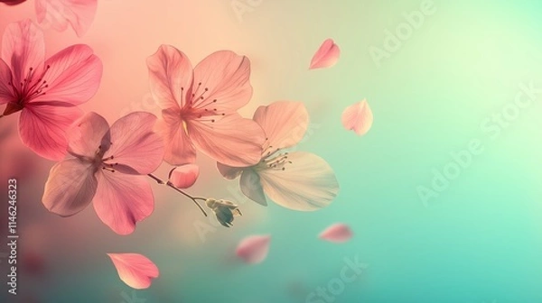 Fototapeta Blossoming cherry blossoms floating gently in soft pastel hues