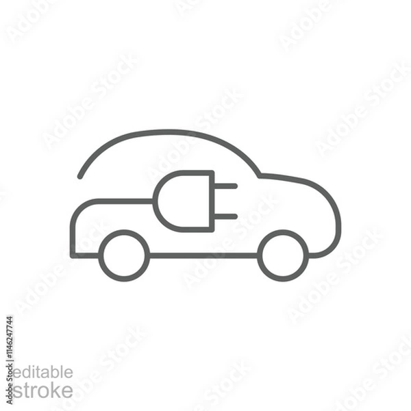 Obraz Electric car with plug icon. Simple outline style. EV car, green hybrid vehicles charging point, eco friendly vehicle concept. Thin line symbol. Vector illustration isolated. Editable stroke.