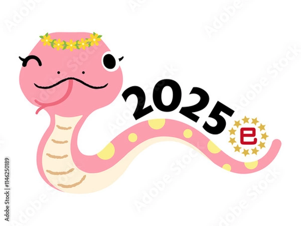 Obraz 2025年　巳年　年賀素材　花冠をかぶった水玉模様のピンクのへびの女の子